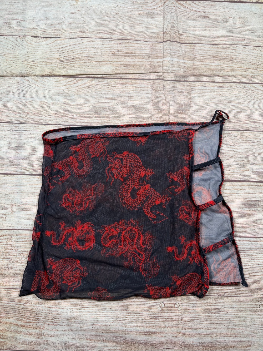 Black Mesh Skirt with Red Dragon Print